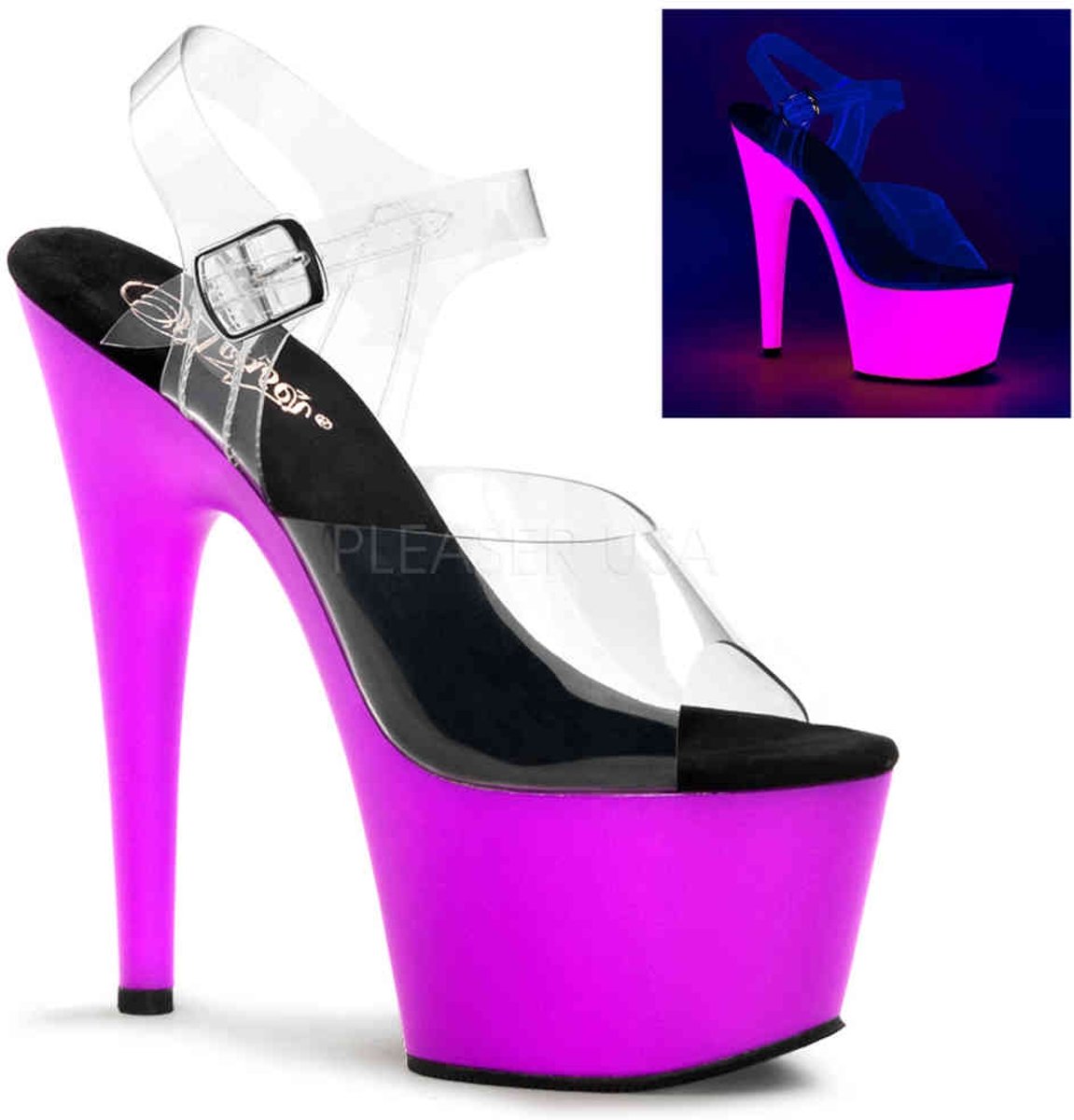 EU 39 = US 9 | ADORE-708UV | 7 Heel, 2 3/4 PF Ankle Strap Neon Bottom Sandal